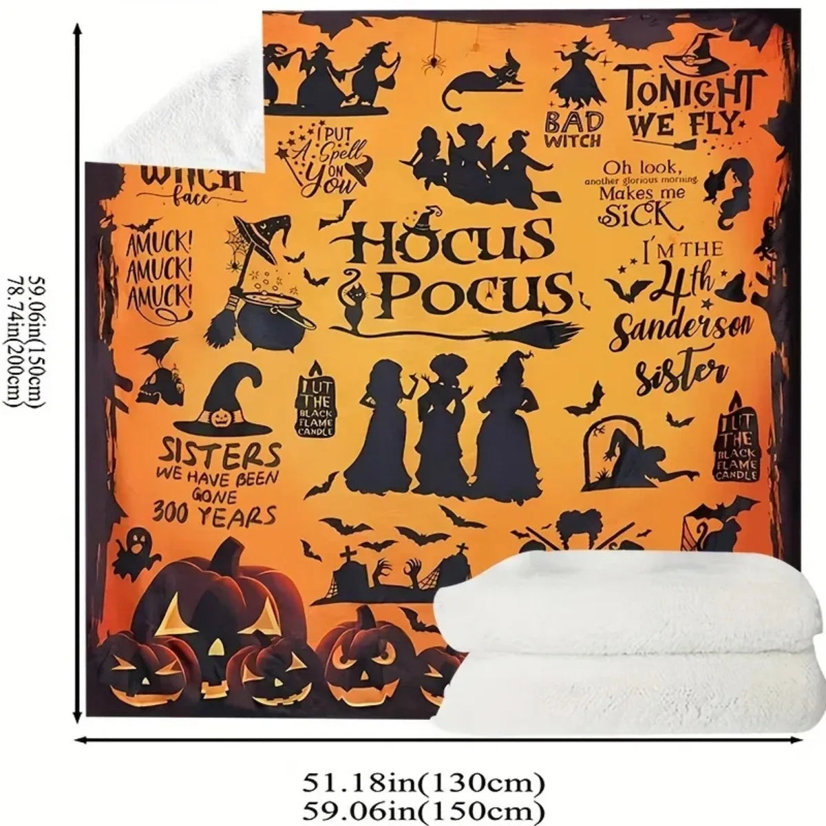 Traditional-Style Hocus Pocus Themed Flannel Throw Blanket, Machine Washable, All-Season Stain-Resistant Bedding with Pumpkin