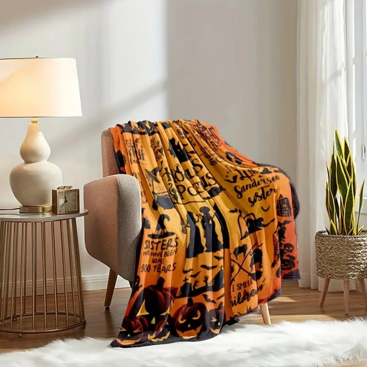 Traditional-Style Hocus Pocus Themed Flannel Throw Blanket, Machine Washable, All-Season Stain-Resistant Bedding with Pumpkin