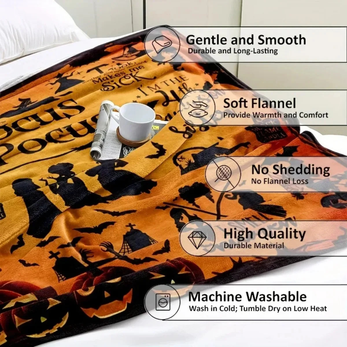 Traditional-Style Hocus Pocus Themed Flannel Throw Blanket, Machine Washable, All-Season Stain-Resistant Bedding with Pumpkin